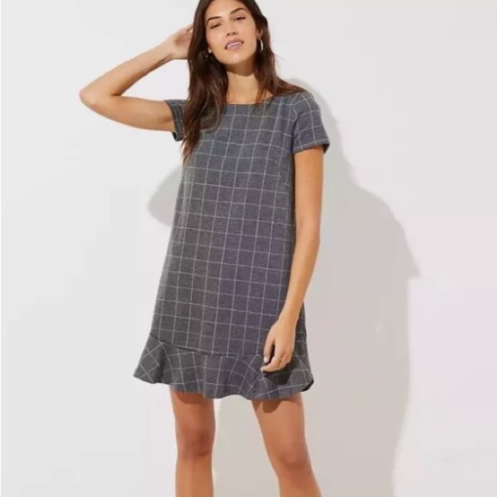 LOFT Windowpane Flounce Shift Dress